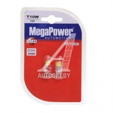 Лампа светодиодная 12V W5W T10W W2.1x9.5d 6000K бесцокольная 2 LED блистер (2шт.) MEGAPOWER — 10118W-2бл