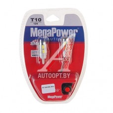 Лампа светодиодная 12V W5W T10W W2.1x9.5d 6000K бесцокольная 10 LED блистер (2шт.) с тест. MEGAPOWER — 10815W-2блт