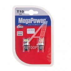 Лампа светодиодная 12V W5W T10W W2.1x9.5d 6000K бесцокольная 3 LED блистер (2шт.) MEGAPOWER — 10112W-2бл