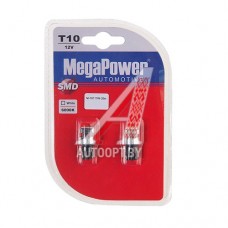 Лампа светодиодная 12V W5W T10W W2.1x9.5d 6000K бесцокольная 3 LED блистер (2шт.) MEGAPOWER — 10111W-2бл
