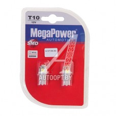 Лампа светодиодная 12V W5W T10W W2.1x9.5d 6000K бесцокольная 4 LED блистер (2шт.) MEGAPOWER — 10713W-2бл