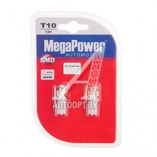 Лампа светодиодная 12V W5W T10W W2.1x9.5d 6000K бесцокольная 5 LED блистер (2шт.) MEGAPOWER — 10714W-2бл